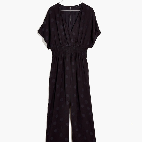 EUC Madewell Black Polka Dot Wrap Front Smock Waist Jumpsuit - Small - Picture 5 of 13